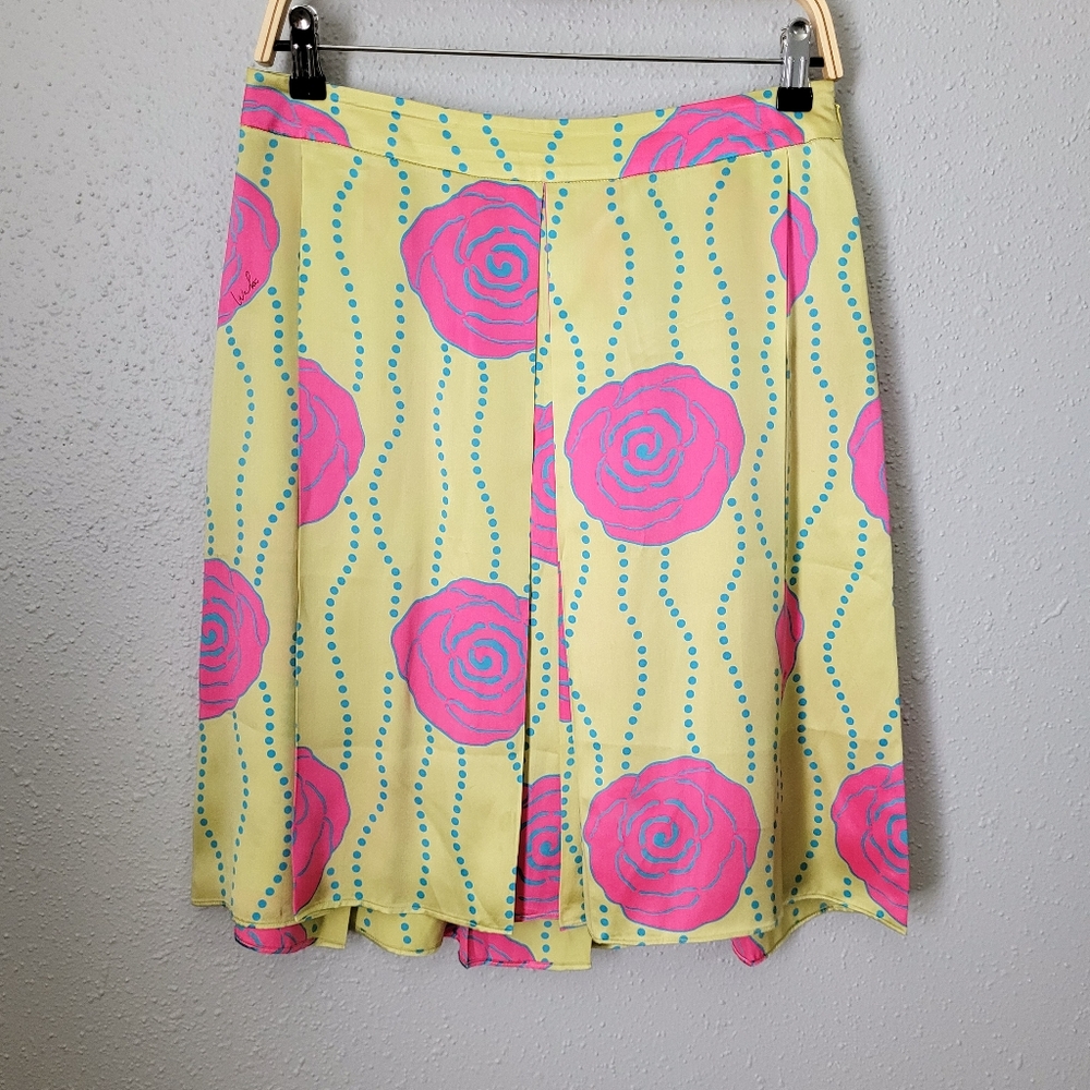 Walter Retro Floral Lime Green Pink Silk Pleated A-line Mini Skirt Size 6